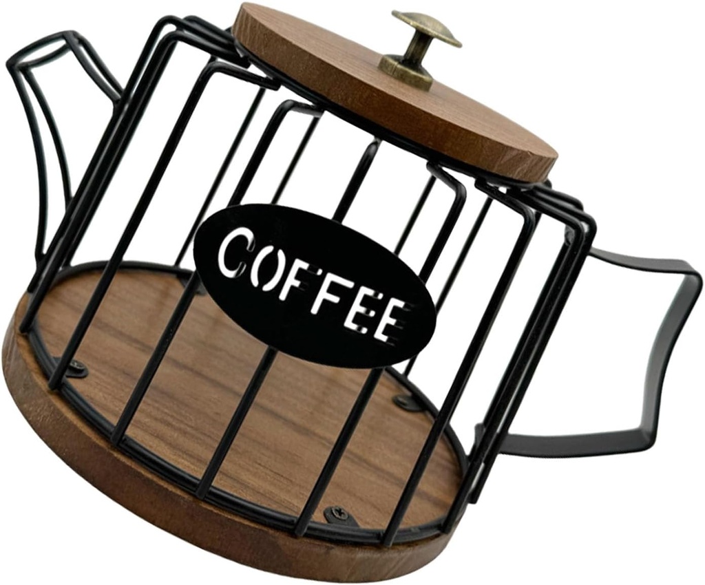 Multi-Function Iron Coffee Pod Organizer Wood Base and Lid Wire Cup Container Kitchen Countertop Display Coffee Organizer