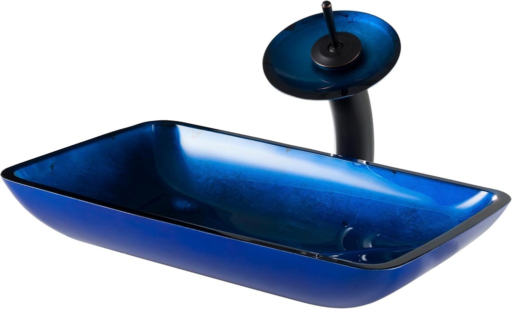 Irruption Blue Rectangular Glass Vessel Sink and Waterfall Faucet Oil Rubbed Bronze
