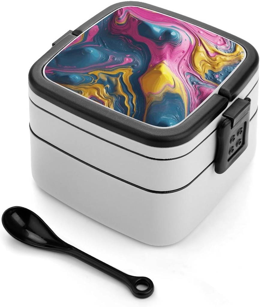 All-in-One Bento Box Stackable Leak-Proof Lunch Box With Carry Handle 2 Layer Portable Meal Prep Container Fluid Paint Lunchbox with Utensils for Dining Out Work