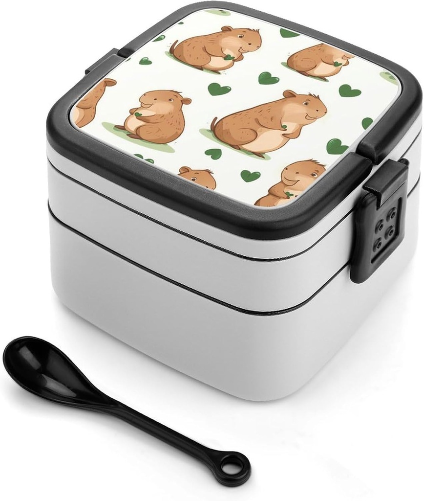 Cute Capybara Heart Pattern Portable Bento Box with Handle 2 Compartment Leak-Proof Stackable Lunch Box for Work Picnic Camping