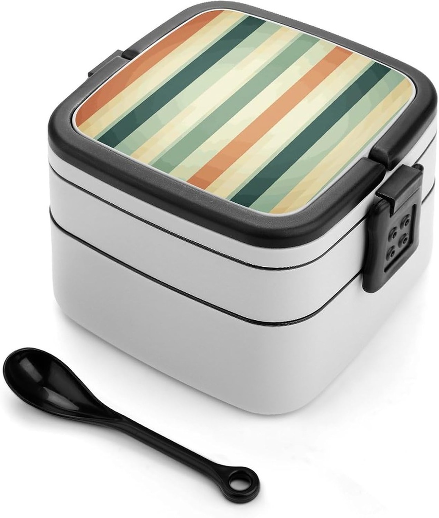 Retro Striped Bento Box Adult Lunch Box All-in-One Lunch Containers with Removable Compartments Double Layer Bento Lunch Box with Spoon And Handle Stackable Lunchbox