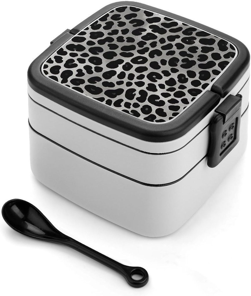 Double Layer Bento Box for Adults Luxurious Black Leopard Print Stackable Bento Box Removable Lunch Boxes for Dining Out,Work