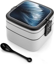 Blue Feather Pattern Bento Box Adult Lunch Box All-in-One Lunch Containers with Removable Compartments Double Layer Bento Lunch Box with Spoon And Handle Stackable Lunchbox