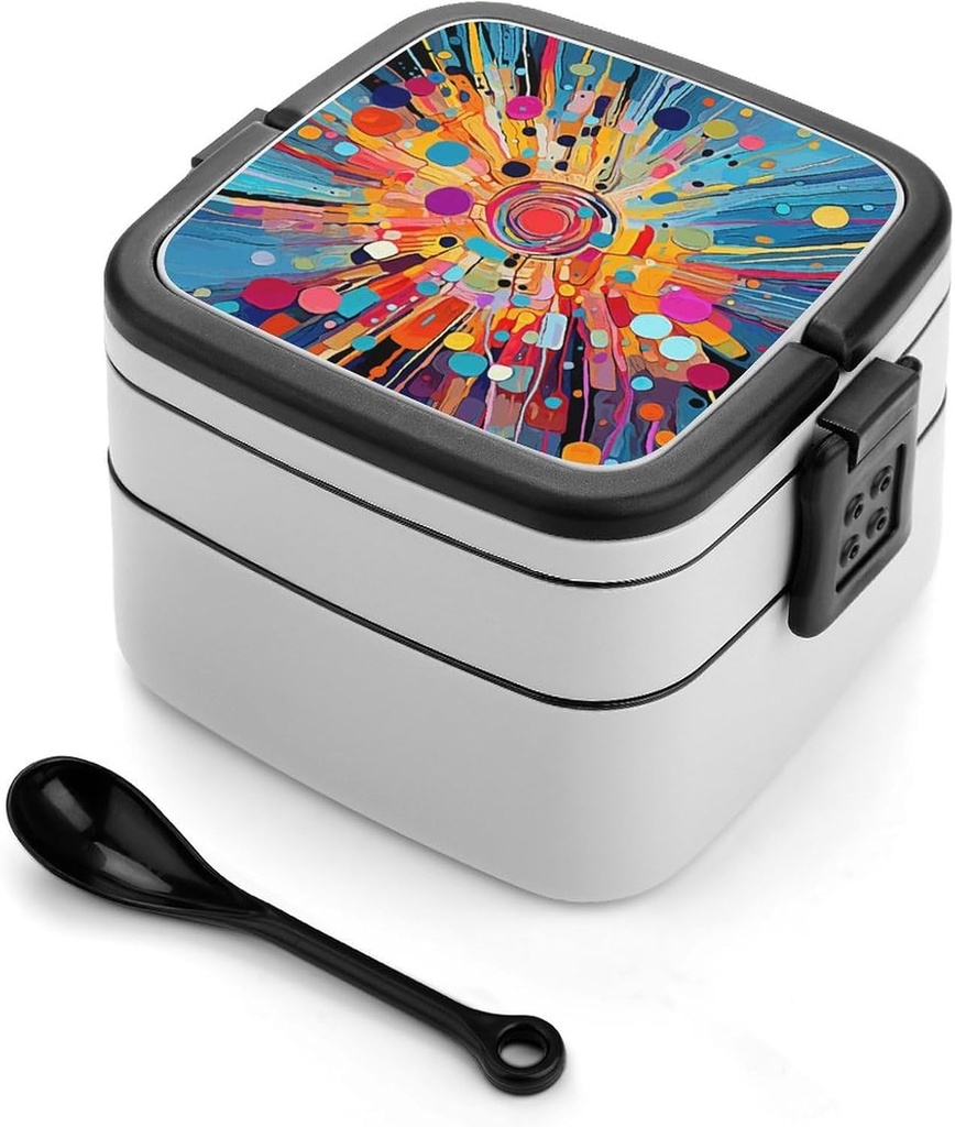 Bright Abstract Patterns Bento Box Adult Lunch Box All-in-One Lunch Containers with Removable Compartments Double Layer Bento Lunch Box with Spoon And Handle Stackable Lunchbox
