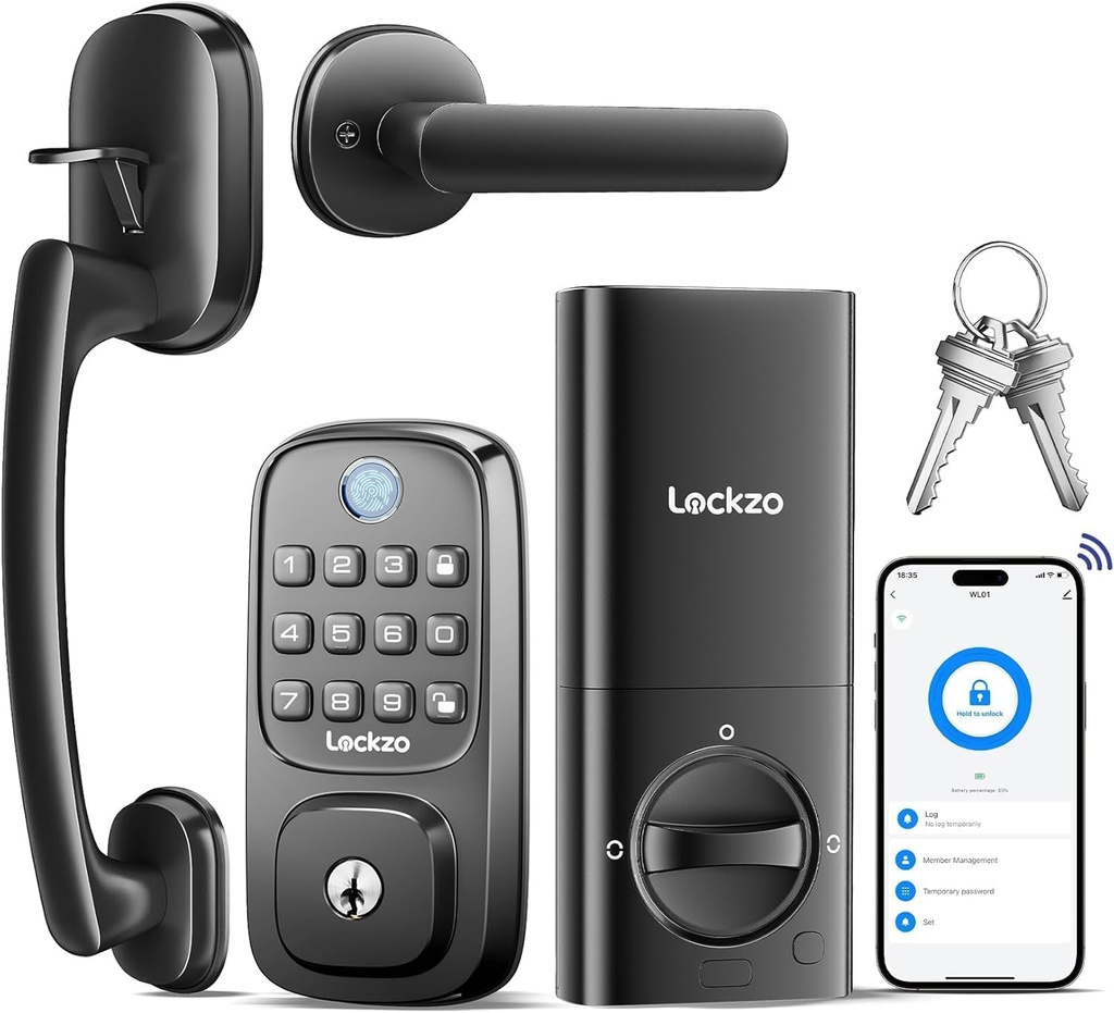 Smart Door Lock with Handle, Keyless Entry Door Lock Deadbolt Handle Set, Built-in WiFi Deadbolt Smart Lock for Front, Fingerprint, Keypad Code, App Control, Voice Control