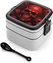 Red Skulls Bento Box Adult Lunch Box All-in-One Lunch Containers with Removable Compartments Double Layer Bento Lunch Box with Spoon And Handle Stackable Lunchbox