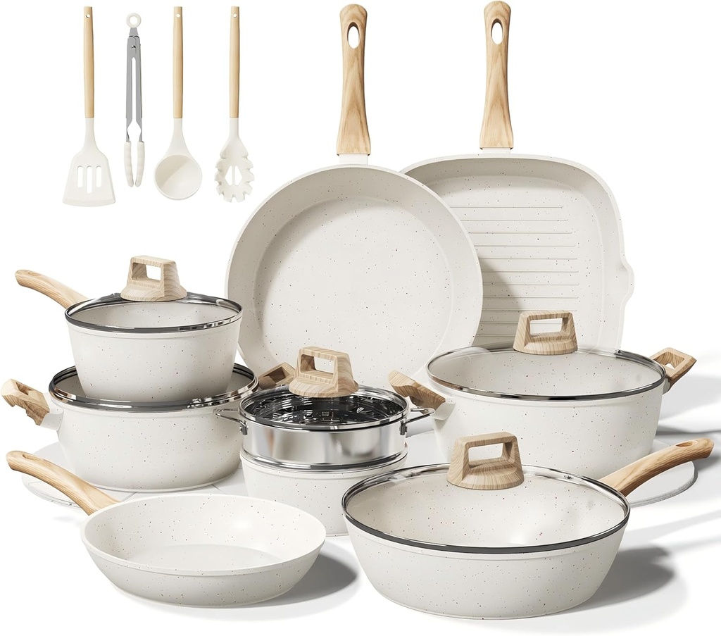 24 Pcs Pots and Pans Set Non Stick Ceramic Cookware Set,Healthy Non Toxic Kitchen Cookware Sets with Large Capacity,Induction Compatible,PFAS/PTFE/PFOA/PFOS Free,Cream White