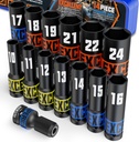 14 Piece 1/2-Inch Drive Impact Socket Set, 10-24mm Deep Sockets, 6 Point Metric Sockets for Automotive Repair, Equipment Maintenance