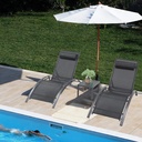 VARVIND Patio Chaise Lounge Chair Set of 3,Aluminum Outdoor Lounge Chair with Headrest,Sunbathing Lounger,Pool Tanning Chairs,Armrest Recliner Chiar with Side Table for Beach,Garden，Lawn(Black)