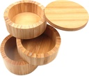Bamboo Salt Box - Round Bamboo Jar Salt and Spices Storage Container, 3-Tier Wooden Spice Holder