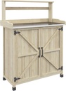 Rustic Farmhouse Potting Bench Workstation Outdoor Wooden Potting Table with Storage Cabinet and Galvanized Table Top Non-Slip Rubber Feet for Backyard, Balcony, Garden, Natural