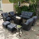10 Pieces Outdoor Patio Furniture Sets with Rocking Swivel Chairs with 6-inch Thick Cushion and Fire Pit Table for Deck Lawn