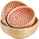 Elsjoy Set of 3 Round Wicker Fruit Baskets, Kitchen Wicker Woven Bread Basket Stackable Rattan Serving Basket Set for Home Decor