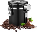 Airtight Coffee Container with Date Tracker & Spoon - Kitchen Storage Jar for Coffee Grounds, Cereal, Beans, Sugar (Black, 16OZ)