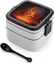 Red Flame Music Note Bento Box with Spoon, 2-layer Stackable Lunch Box Leak Proof with Invisible Handle, Insulated Food Storage for Office, Picnic & Travel