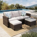 Small Patio Furniture Set, 3 Pieces Wicker Outdoor Sectional Set, L-Shaped Patio Couch Set, Modular Rattan Conversation Set with Lounge Sofa and Ottomans for Deck Lawn Garden, Beige