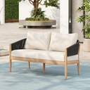 Christopher Knight Home Katarina Patio Acacia Wood Loveseat Furniture, Outdoor Loveseat Sofa with Comfy Fabric Cushions, 2-Seater Sofa with Handwoven Rope Backrest for Garden/Backyard, Black+Beige