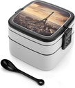Eiffel Tower And City Bento Box Double Layer Lunch Box for Adults with Spoon And Handle Stackable Lunchbox Leakproof Lunch Container for Work Picnic Travel