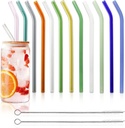 12 Pack Reusable Glass Straws - 8" x 8 MM, Bent Glass Drinking Straws with 2 Cleaning Brushes, Reusable Straws for Smoothies, Milkshake, Frozen Drinks, Tea, Juice