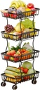 Fruit Basket for Kitchen, Slim Metal Wire Cart Stand with Wooden Handel and Wheels, Stackable Shelf Vegetable Storage, Can Also be Used at Living Room Bedroom and Bathroom