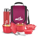 Caixa de almoço MILTON Pro com talheres de aço, 3 recipientes de aço interno seguro microondas (180 ml, 320 ml, 450 ml), plástico Chutney Dabba, 100 ml, garrafa, 750 ml com saco isolado, Tiffin Office, Maroon
