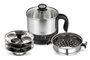 Pigeon By Stovekraft 1.5 Liters multiuso Kessel 3 Em 1 pacote de valor, Multi Cooker, Idli Stand com 3 placas, Steamer com suporte de aço inoxidável (preto e prata), 600 Watts