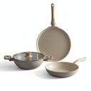 Conjunto de utensílios de cozinha forjados de 3 peças de vida longa com tampa comum com tampa de 24cm de Kadhai com tampa de 24cm de espessura de 1.4L Fry Pan 24cm de altura de 1,2L Tawa 26cm de altura de indução e gás compatível com o suporte de gás