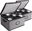 Wine Glass Storage Box with Dividers, 2 Pack Stackable Stemware Storage Cases, Service of 24 Glassware Storage Containers, Quilted China Storage Containers for Moving and Seasonal Storage, Grey