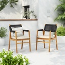 Christopher Knight Home Set of 2 Terry Farmhouse Country Patio Acacia Wood Dining Armchairs, Outdoor Side Chair with Rope Woven Backrest,Garden/Backyard Accent Chair with Cushions,Black+Natural Brown