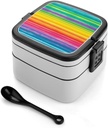 Rainbow Colored Striped Bento Box for Adults Double Layer Lunch Box with Spoon And Invisible Handle Microwave Dishwasher Safe Leak Proof Meal Prep Lunch Containers for Office Picnic