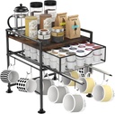 Coffee Bar Organizer Countertop, 2 Tier Mug Cup Holder Stand with 10 Hooks, 60 K Cup Coffee Pod Drawer with Mug Rack, Multifunctional Shelf Organizer for Kitchen, Vintage Brown