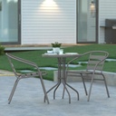 EMMA + OLIVER Rhea 23.75" Round Glass Metal Table with 2 Aluminum Slat Stack Chairs - Black/Silver - 3 Piece Patio Set - All-Weather for Indoor/Outdoor Use