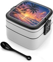 Tropical Beach Palm Tree Sunset Bento Box with Spoon, 2-layer Stackable Lunch Box Leak Proof with Invisible Handle, Insulated Food Storage for Office, Picnic & Travel