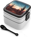 Stackable Double-Layer Bento Box Desert With Cactus Adults Lunchbox With Spoon Cute Japanese Bento Box Dishwasher Safe for Work Travel Dining Outc