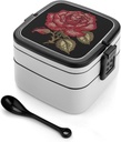 Leaf Embroidered Rose Bento Box Adult Lunch Box All-in-One Lunch Containers with Removable Compartments Double Layer Bento Lunch Box with Spoon And Handle Stackable Lunchbox
