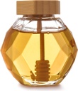 Bruntmor Glass Honey Jar Container - Small Honey Pot with Dipper Set Dispenser - Premium Glass honey decanter glass with Wooden Spiral Drip Dipper and Lid - Bee Honey Stainer Pots Storage Dish