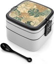 Abstract Tropical Leaves Bento Box Adult Lunch Box All-in-One Lunch Containers with Removable Compartments Double Layer Bento Lunch Box with Spoon And Handle Stackable Lunchbox