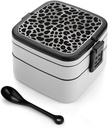 Double Layer Bento Box for Adults Luxurious Black Leopard Print Stackable Bento Box Removable Lunch Boxes for Dining Out,Work
