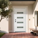 36x80 Fiberglass Entry Door with Brickmould & Vinyl Frame – White Finish, Right Hand Inswing, 4-Lite Frosted Glass, Contemporary Style, Knock-Down Design, White
