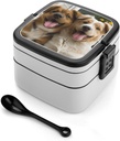 Stackable Double-Layer Bento Box Funny Dogs Adults Lunchbox With Spoon Cute Japanese Bento Box Dishwasher Safe for Work Travel Dining Outc