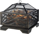 26 Inch Outdoor Fire Pit Iron Square Wood Burning Fireplace Backyard Firepit for Patio BBQ Camping Bonfire with Mesh Cover Grills Poker Bronze