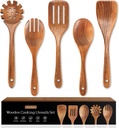 5 PCS Wooden Spoons for Cooking Natural Teak Kitchen Utensils Set Smooth Non-Stick Surface Cooking Utensils Set Soft Comfort-Grip Wooden Spatula Set
