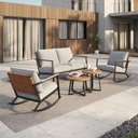 Grand patio Outdoor Rocking Chairs, 5-Piece Leather-Look Patio Bistro Set Outdoor Furniture Conversation Sets with Loveseat, 2 Rocking Chairs and 2 Faux Wood Grain Coffee Table, 4.75'' Grey Cushions