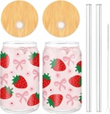 2 Pack Strawberry Pink Bow Glass Cups with Lids and Straws Summer Fruit Clear Glass Cups 16 oz Cute Drinking Glasses Set for Summer Iced Coffee Cocktails Whiskey Beer Soda