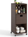 Tangkula Rattan Outdoor Storage Cabinet, Patiojoy Outdoor Wicker Cabinet with 3 Shelves, 1 Removable Drawer, 4 Wheels, Patio Storage Deck Box Cart for Backyard Poolside Porch (Mix Brown)