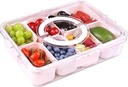 Yuroochii Snackle Box Container, Portable Snackle Box 8 Compartment Divided Serving Tray with Lid & Handle, Clear Snack Platter for Travel Candy Party Fruit Salad (Pink)