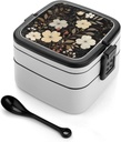 Stackable Double-Layer Bento Box Gray And Light Gold Adults Lunchbox With Spoon Cute Japanese Bento Box Dishwasher Safe for Work Travel Dining Outc