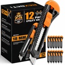 REXBETI 12-Pack Faca Utility, cortador de caixa retrátil para caixas, cartão e caixas, lâmina afiada de Razor 18mm, mecanismo suave, perfeito para escritório e uso doméstico
