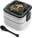 Bento Box Stackable 2 Layers Containers Adult Lunch Box Butterfly Mushroom Lunchbox for Women Men All-in-One Meal Prep Containers Leakproof Lunch Containers for Work