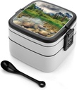 Clear Water Lake Bento Box Adult Lunch Box All-in-One Lunch Containers with Removable Compartments Double Layer Bento Lunch Box with Spoon And Handle Stackable Lunchbox
